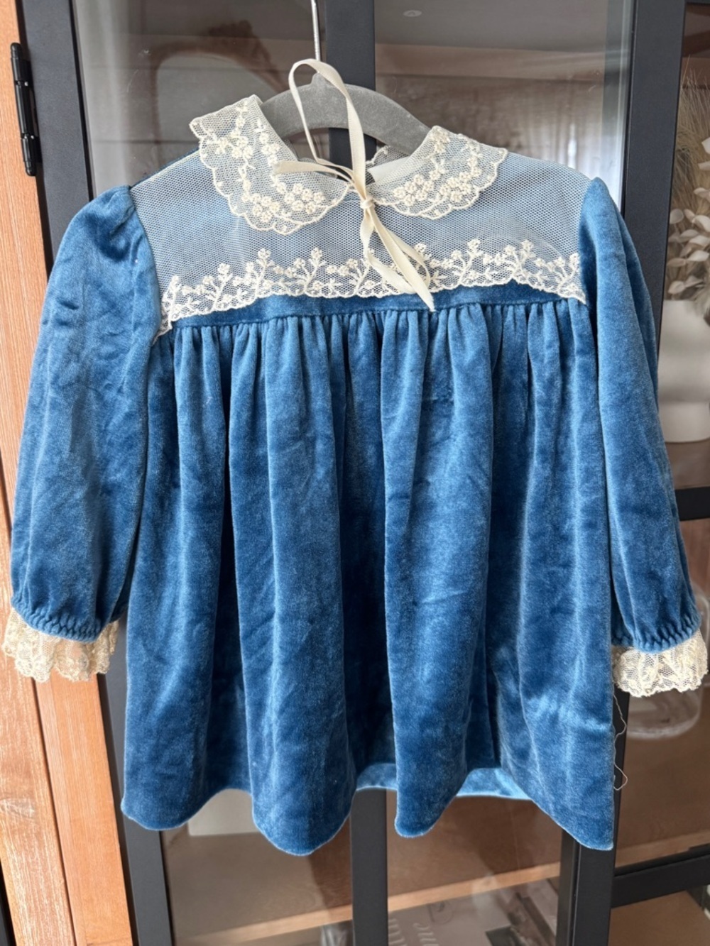 Vintage velvet dress long sleeve dress dusty blue peterpan collar lace baby girl
